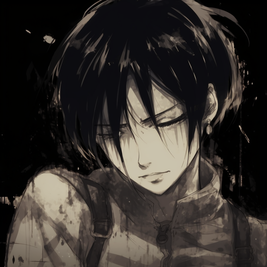 Attack on Titan's Levi portrayed in grunge art style, focusing on detailed line work and washed out tones. edgy grunge anime pfp