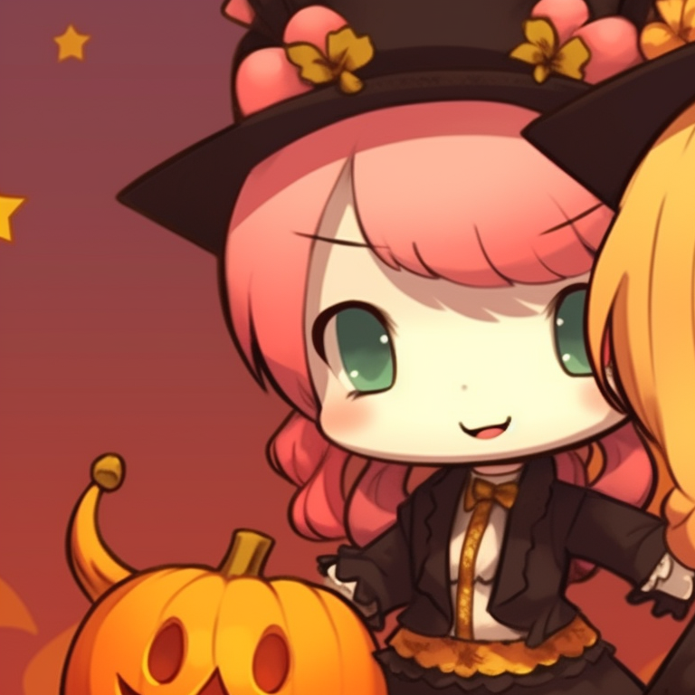 Two characters holding matching Halloween pumpkins, warm and autumnal colors. hallo-kitty matching profile pics pfp for discord.