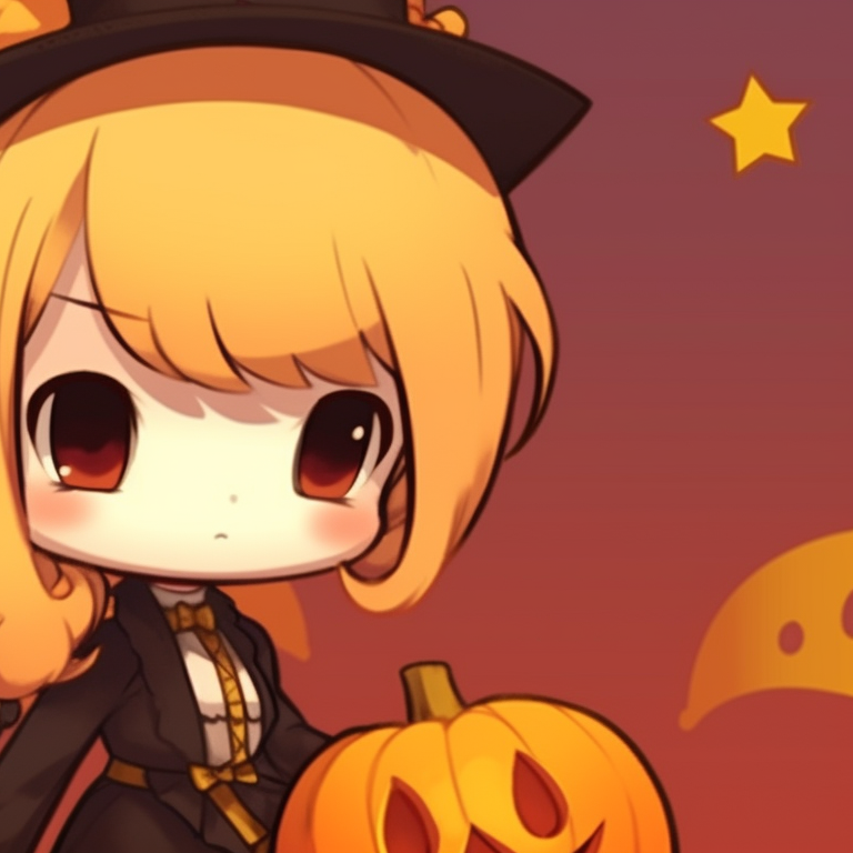 Two characters holding matching Halloween pumpkins, warm and autumnal colors. hallo-kitty matching profile pics pfp for discord.