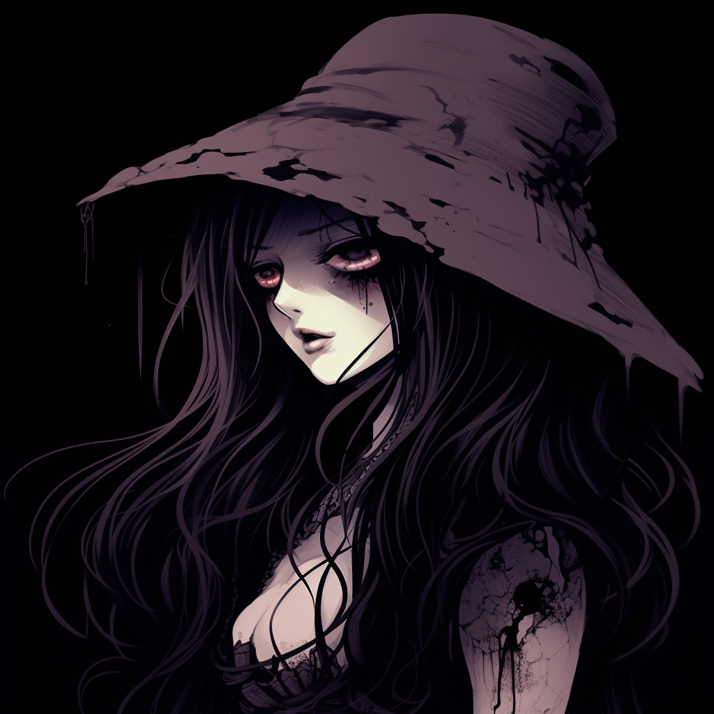 Spooky anime witch with sharp features, high-contrast outlines and chilling glare. gothic scary anime pfp pfp for discord.