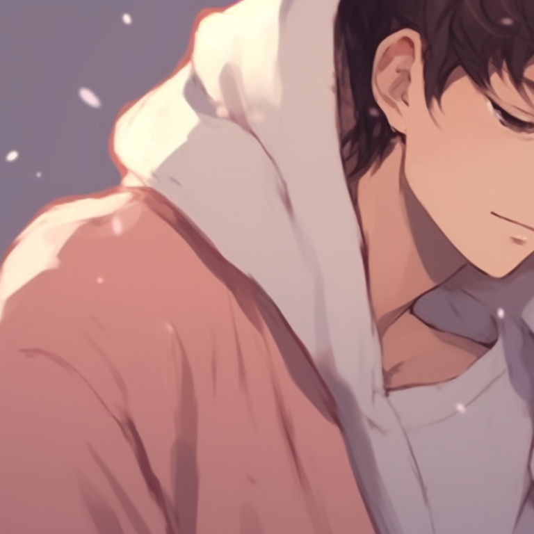 Two characters sharing an intimate look, their smiles mirroring each other, enhanced by soft warm colors. cuddly matching pfp for bf and gf pfp for discord.