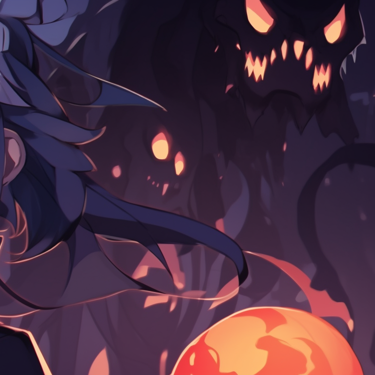 Two characters, dark tones and detailed shading, surrounded by ghostly orbs. dark matching pfp halloween theme designs pfp for discord.