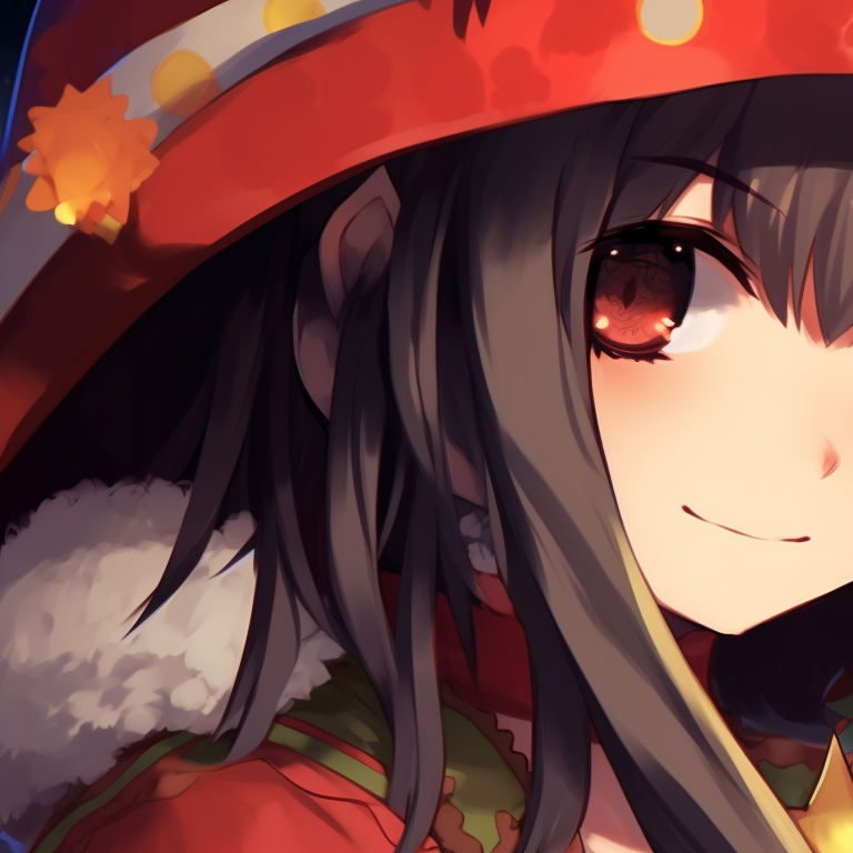 Two characters cozy with each other, Megumin in her Christmas outfit with radiant colors. megumin christmas pfp collection pfp for discord.