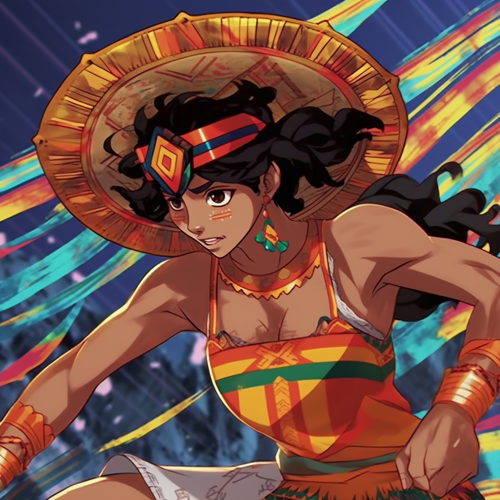 Aztec anime warrior ready for battle, emphasizing battle gear detail and vivid color palette. inspiring mexican anime pfp designs pfp for discord.