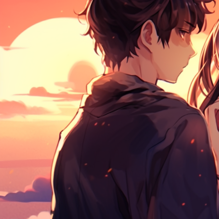 Two characters against a sunset, warm hues and peaceful expressions. perfect matching pfp for bf and gf in real life pfp for discord.