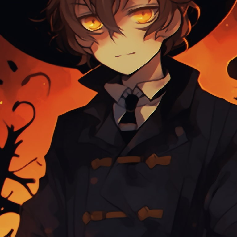 Dazai as a classic vampire and Chuuya as a werewolf, with their crimson eyes glowing. dazai and chuuya anime art halloween pfp for discord.
