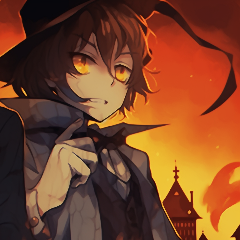 Dazai as a classic vampire and Chuuya as a werewolf, with their crimson eyes glowing. dazai and chuuya anime art halloween pfp for discord.
