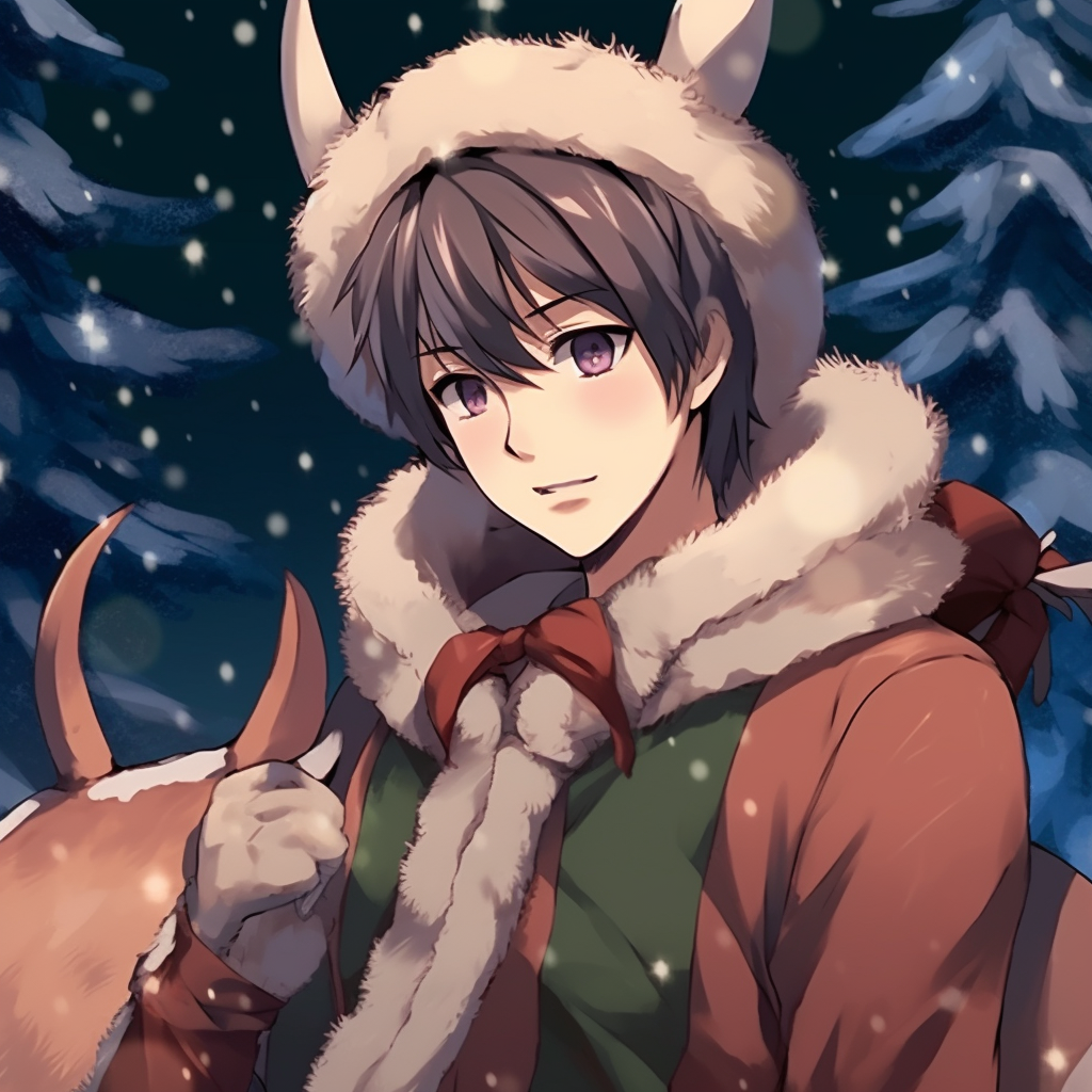 Attack on Titans' Eren with reindeer-themed accessories, strong linework and muted colors. anime christmas pfp ideas