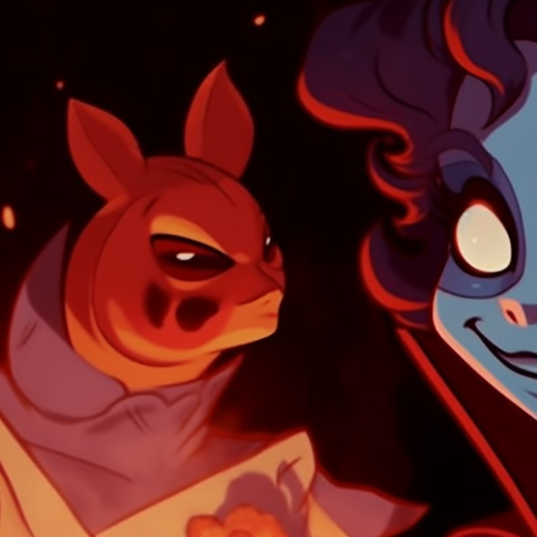 Two characters, Ursula and Ariel, vibrant colors and exaggerated expressions, confronting each other. disney villain halloween matching pfps pfp for discord.