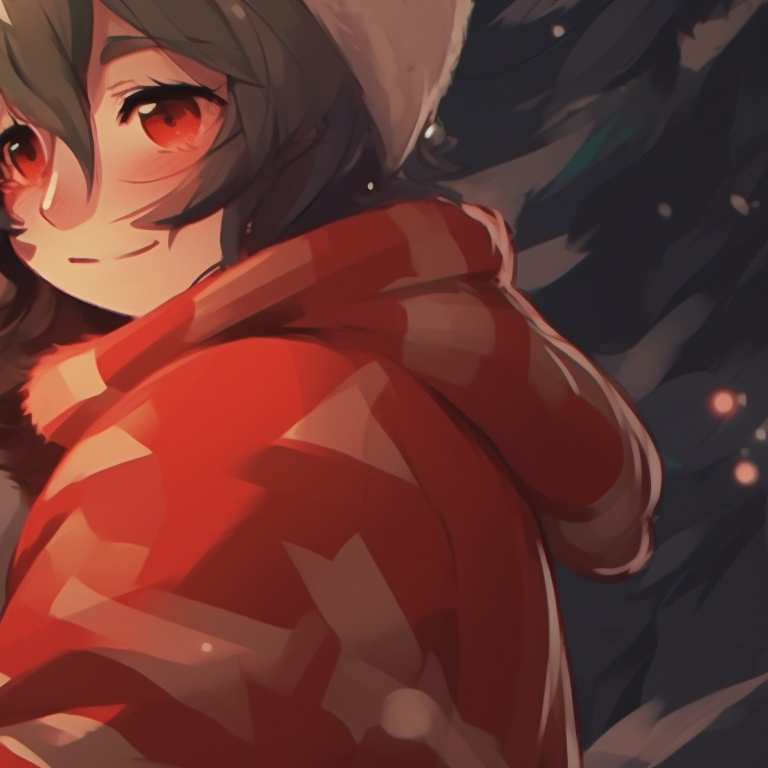 Two characters sitting by a Christmas tree, wrapped in a blanket, warm hues and soft lighting. eye-catching matching christmas pfp for discord pfp for discord.