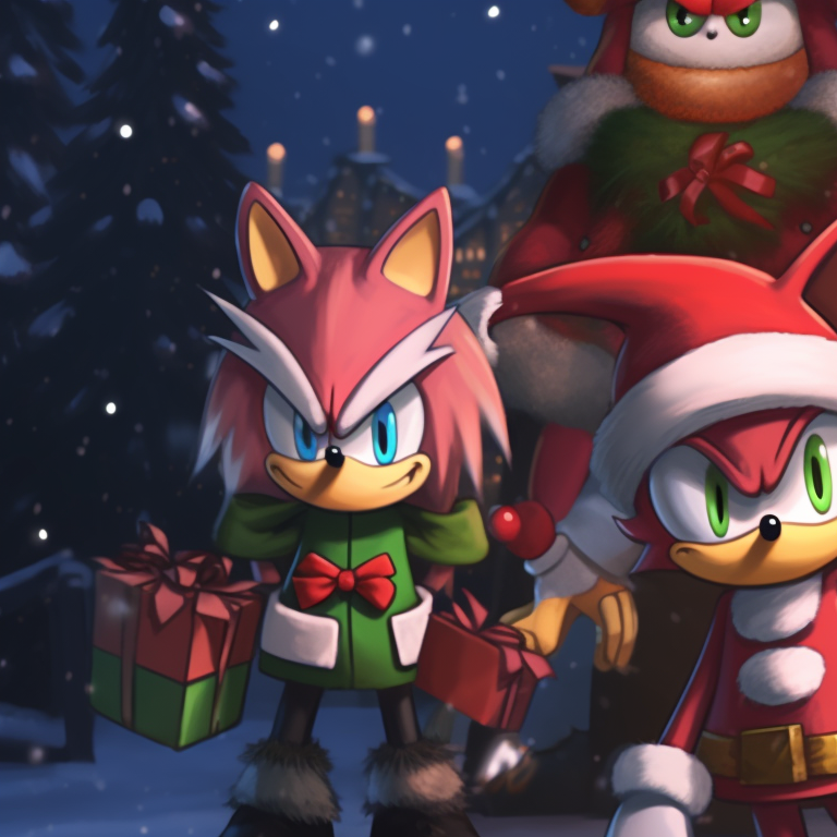 Sonic and Shadow characters showing togetherness, adorned in Christmas regalia, using robust and dynamic colors. iconic matching christmas sonic pfp pfp for discord.