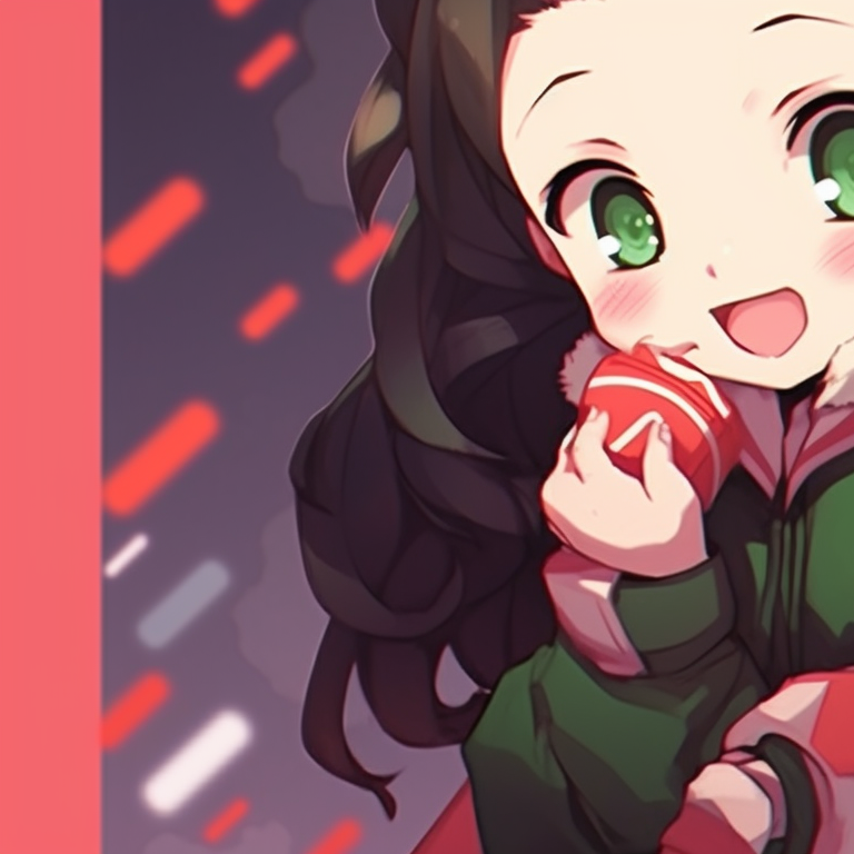 Nezuko and Tanjiro, gazing at Christmas lights, characters highly detailed against soft-focus background. matching nezuko and tanjiro christmas pfp pfp for discord.