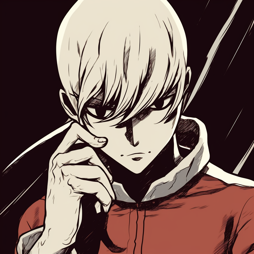 Close-up of Saitama's face, sharp contrasts and details focus on eyes. anime manga pfp for boys