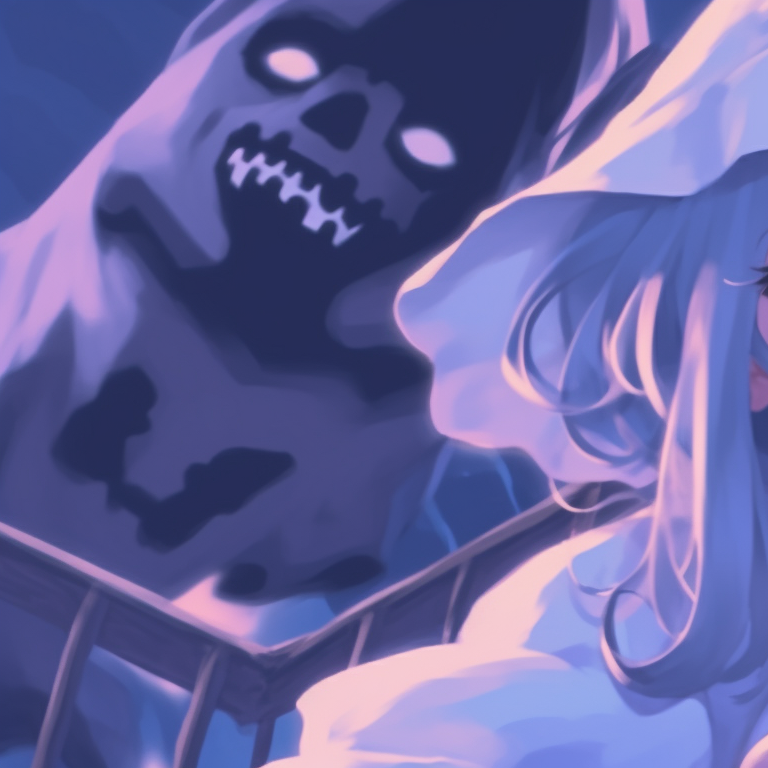 Two girls in matching white ghost outfits, cool tones and soft shading. halloween themed girl discord pfp matching theme pfp for discord.