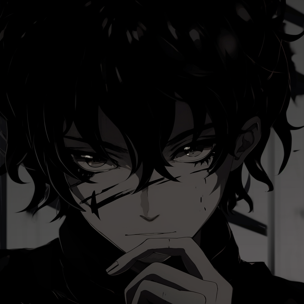 A male anime character's face in shadow, revealing only his intense gaze. anime black aesthetic pfp pfp for discord.