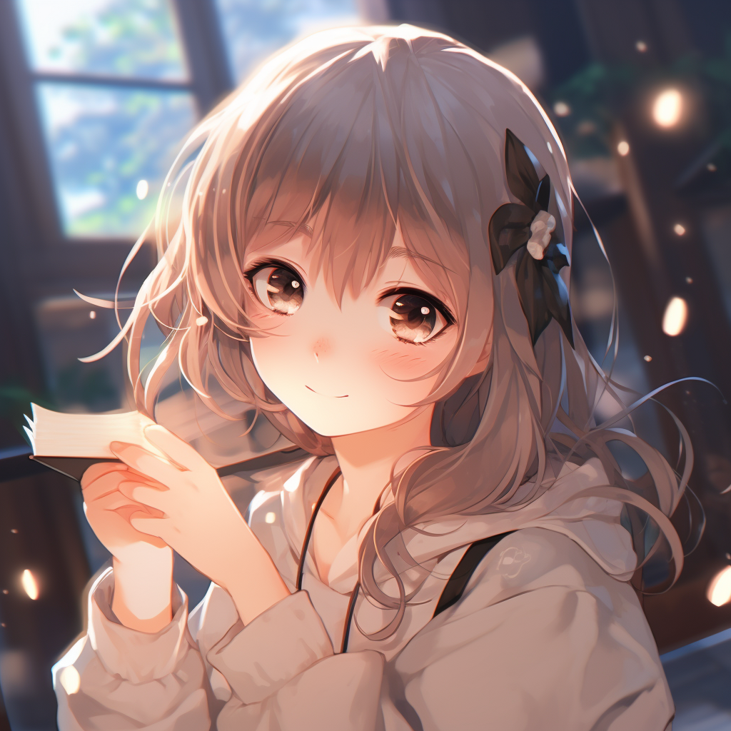 Image of a girl engrossed in a magical book, soft pastel colors and dreamy surroundings. innovative girl anime pfp
