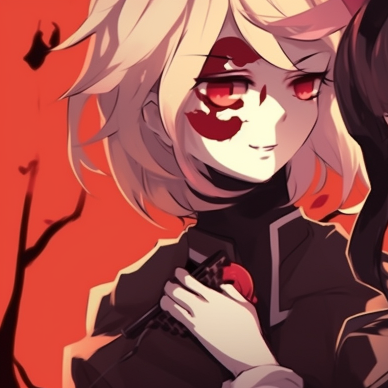 Two characters in Halloween costumes, gothic art style with high contrast. details of anime couple halloween scene backdrop pfp for discord.