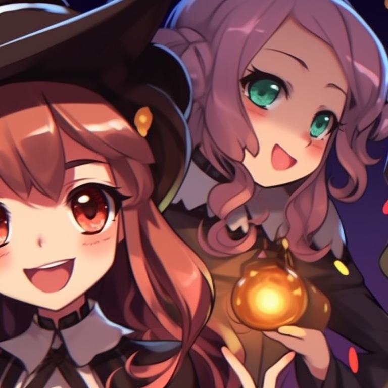 Five friends styled as witches and wizards, vibrant colors with starry accents, spooky backdrop. unique halloween theme for 5 friends matching pfp pfp for discord.