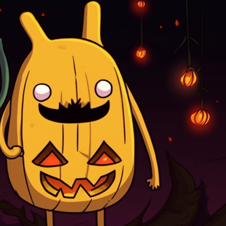 Jake and Tree Trunks, in matching pumpkin costumes, warm colors and cute cartoony detail. adventure time pfp in halloween atmosphere pfp for discord.