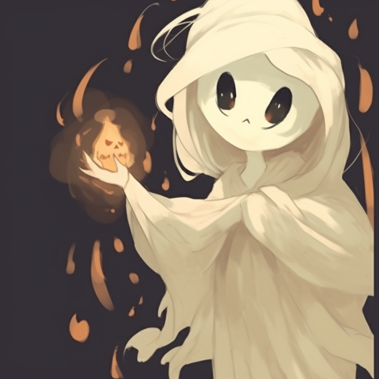 Two ghost characters, dressed in Halloween outfits, grim emanations and shadowy environment. importance of ghost matching pfp in halloween theme pfp for discord.