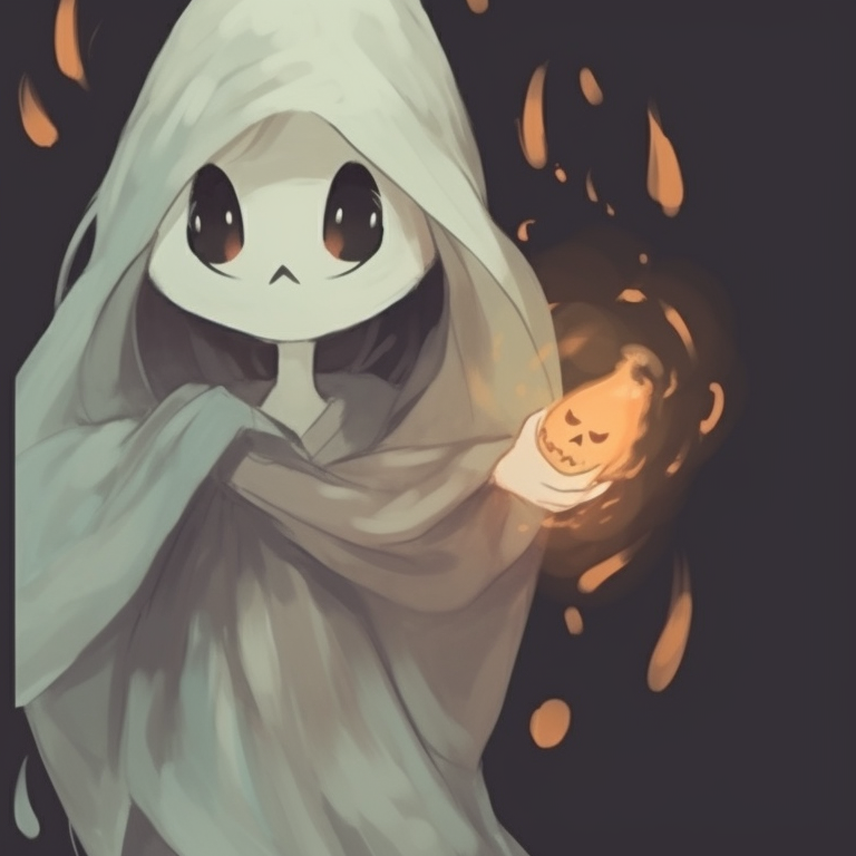 Two ghost characters, dressed in Halloween outfits, grim emanations and shadowy environment. importance of ghost matching pfp in halloween theme pfp for discord.