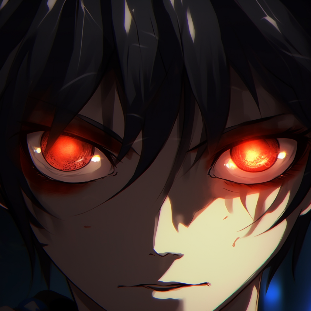 Profile view of an anime boy emphasizing on the magical effects in his eyes, intricate line detail and shading. unique anime eyes pfp boy drawings