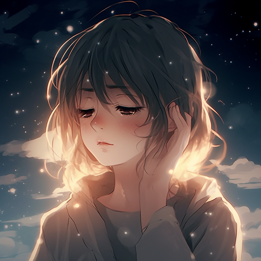 Girl seeming at peace next to serene waters, calm colors and minimalist design. anime aesthetic pfp for girls