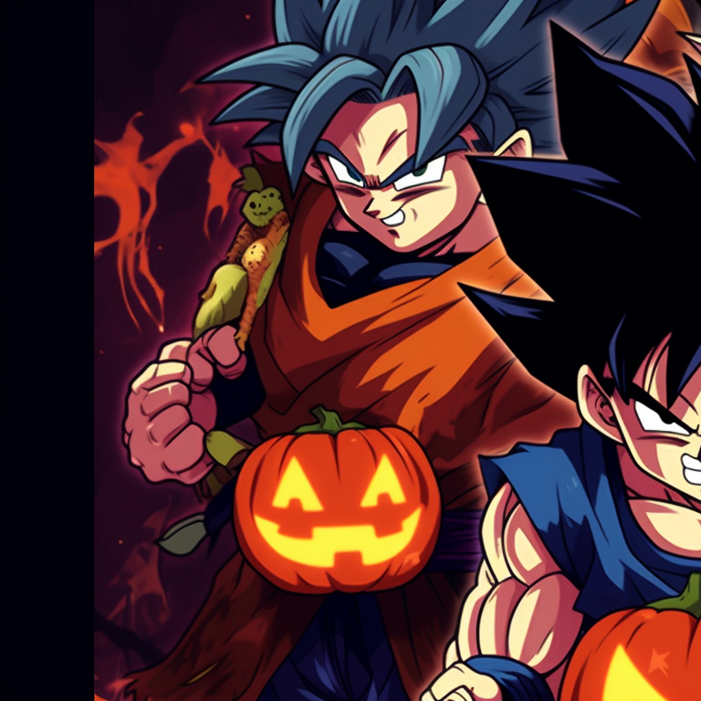 Goku and Vegeta facing each other, detailed facial expressions and Halloween costumes, vivid and contrasting use of colors. goku and vegeta dragon ball halloween theme pfp pfp for discord.