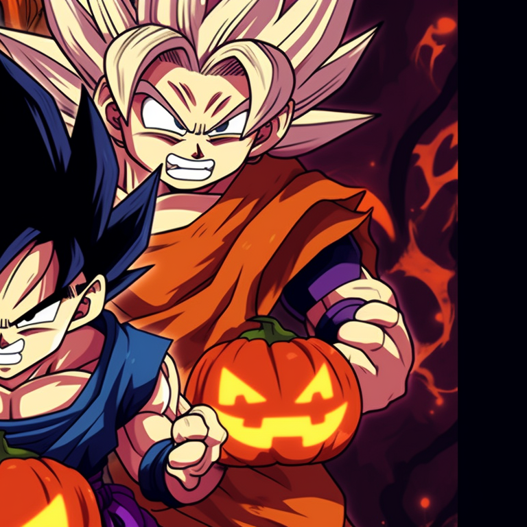 Goku and Vegeta facing each other, detailed facial expressions and Halloween costumes, vivid and contrasting use of colors. goku and vegeta dragon ball halloween theme pfp pfp for discord.