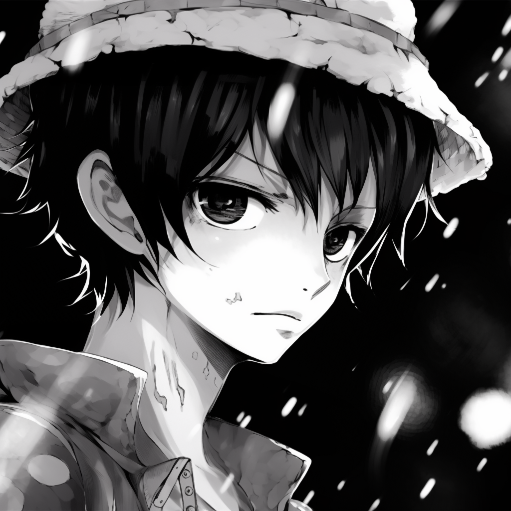 Monochrome rendition of Luffy, with attention to the intricate details of his iconic hat. top black and white anime pfp