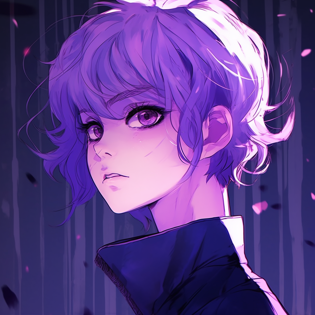 Deep purple backdrop with an anime character, attention to facial expressions. vibrant purple anime pfp pfp for discord.