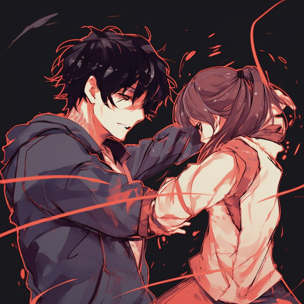 Anime couple in school uniforms, clean lines and bright, youthful colors. animated matching couple pfp