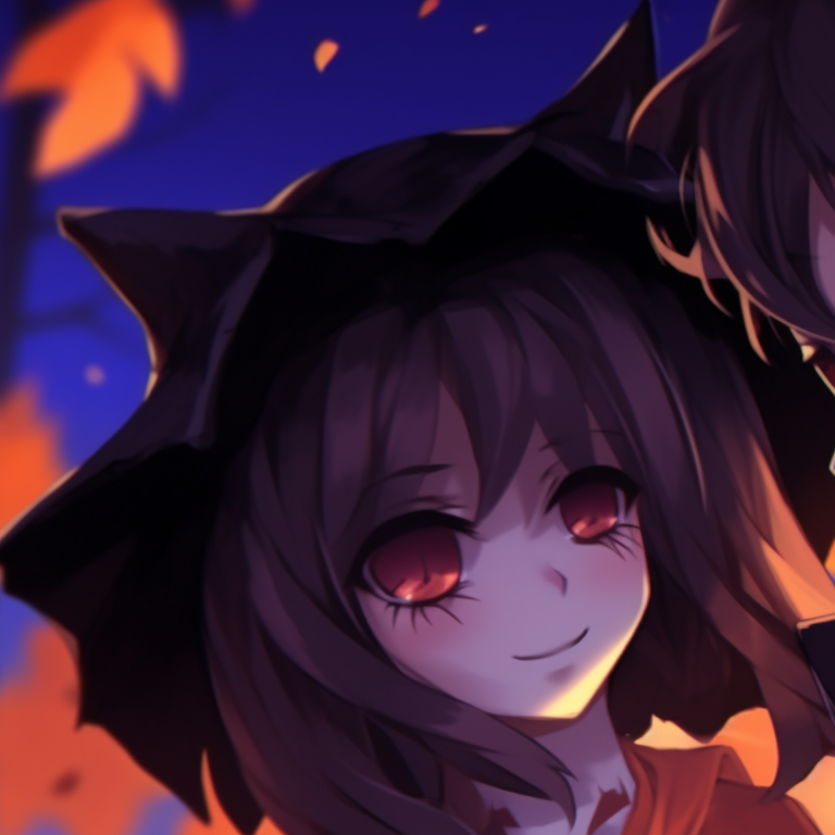 Two characters holding pumpkins, vibrant orange color scheme cute matching pfp for couples halloween styled pfp for discord.