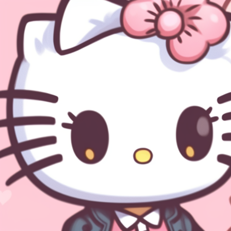 Two characters whispering to each other, one with a Hello Kitty necklace the other with a Hello Kitty ear piece, soft shading and intimate expressions. hello kitty pfp matching boys and girls pfp for discord.