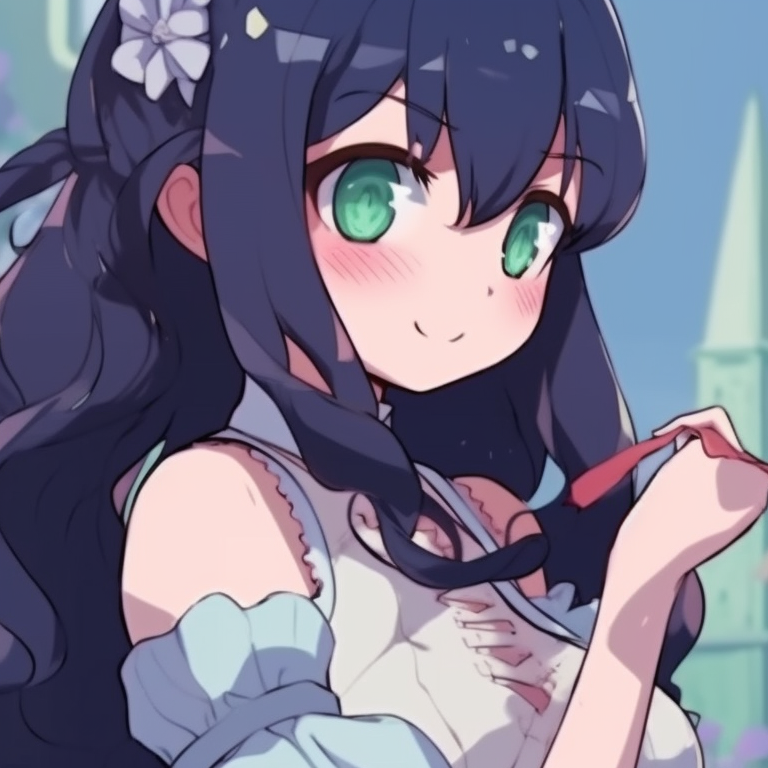 Two characters in frilly outfits, pastel colors and whimsical setting, holding hands. girly matching pfp for 4 friends pfp for discord.