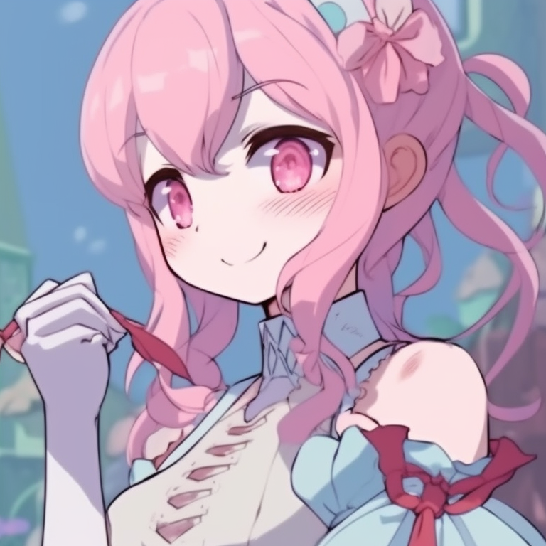 Two characters in frilly outfits, pastel colors and whimsical setting, holding hands. girly matching pfp for 4 friends pfp for discord.