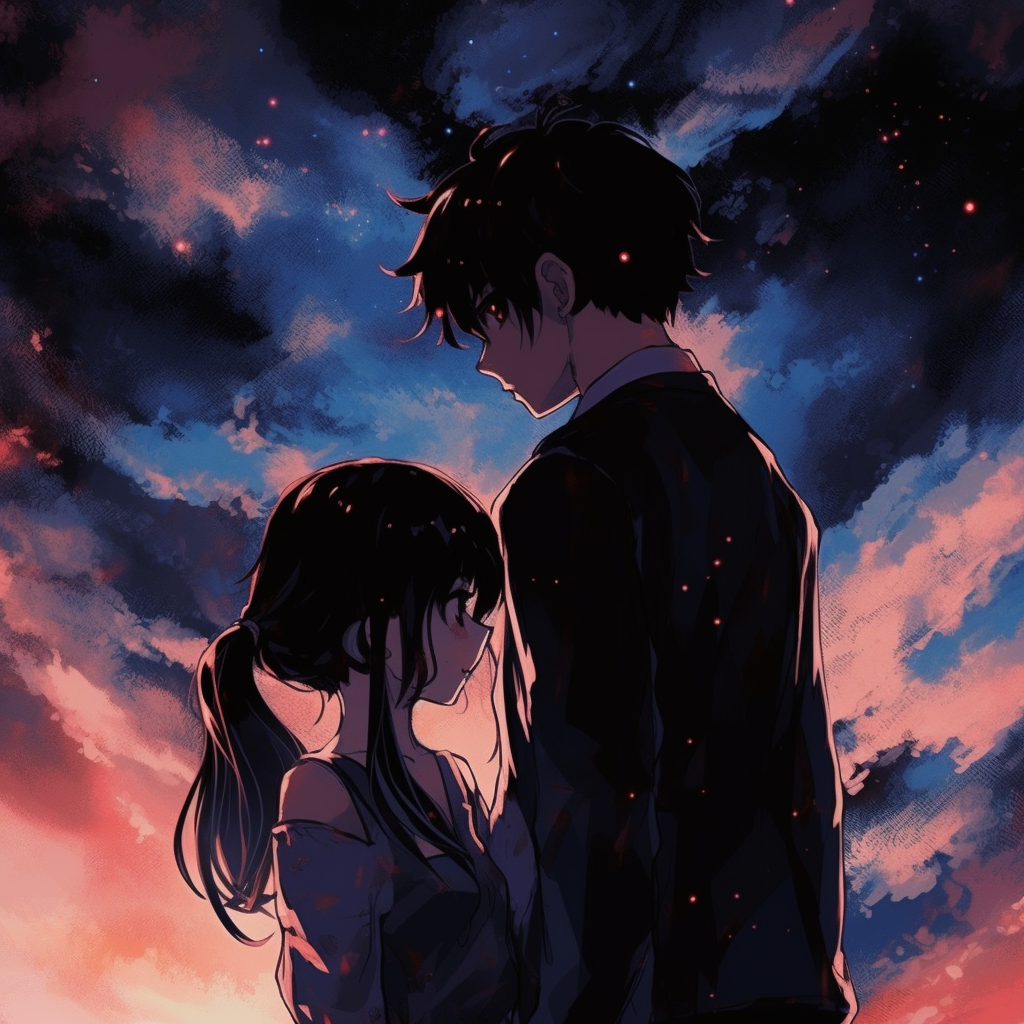 A couple in a dramatic stargazing scene, detailed cosmos and contrasting colors. dramatic scenes couple anime matching pfp pfp for discord.