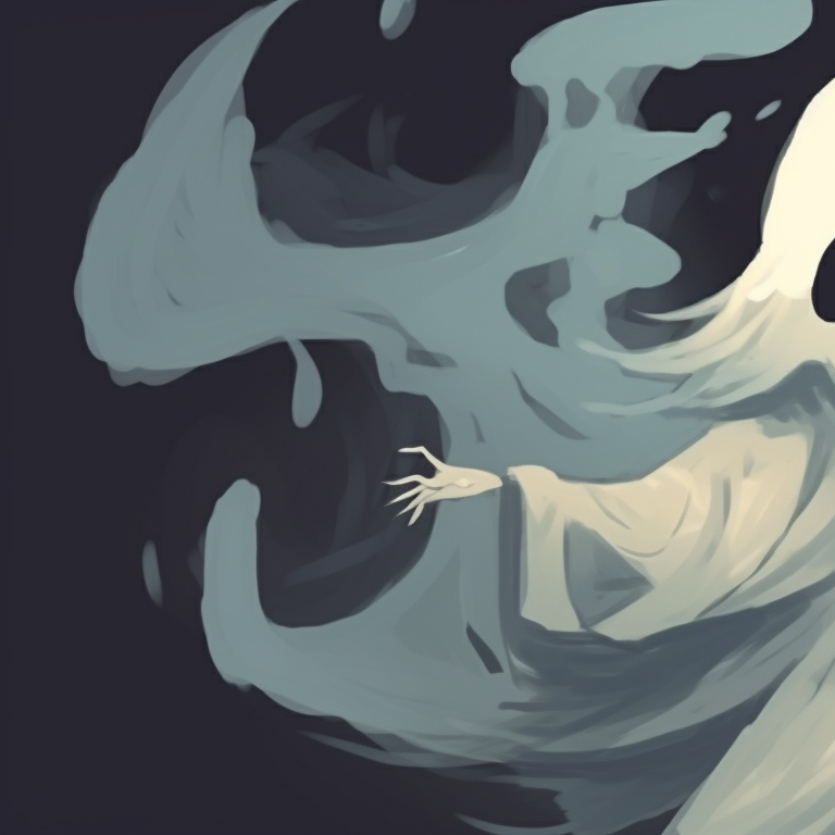 Two ghost characters in levitation, soft shades of grey and blue, spectral essence intertwined. ghost pfp design series for halloween theme pfp for discord.