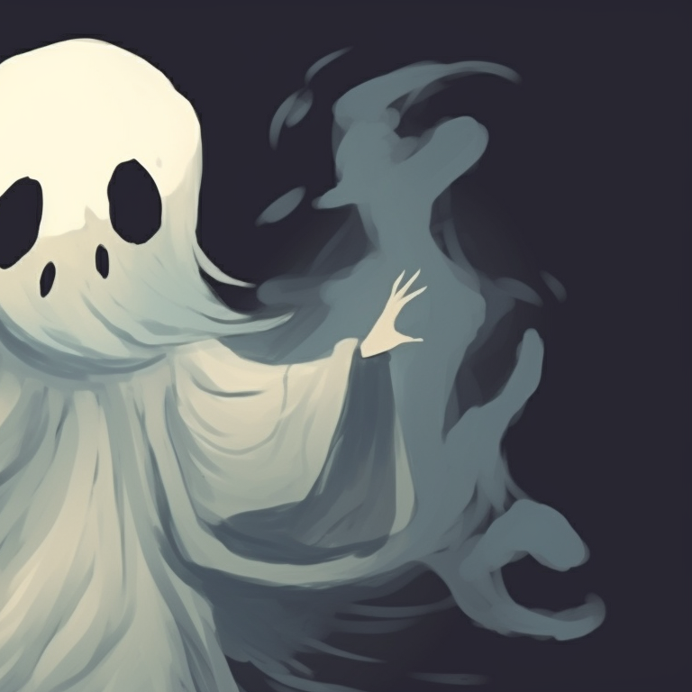 Two ghost characters in levitation, soft shades of grey and blue, spectral essence intertwined. ghost pfp design series for halloween theme pfp for discord.