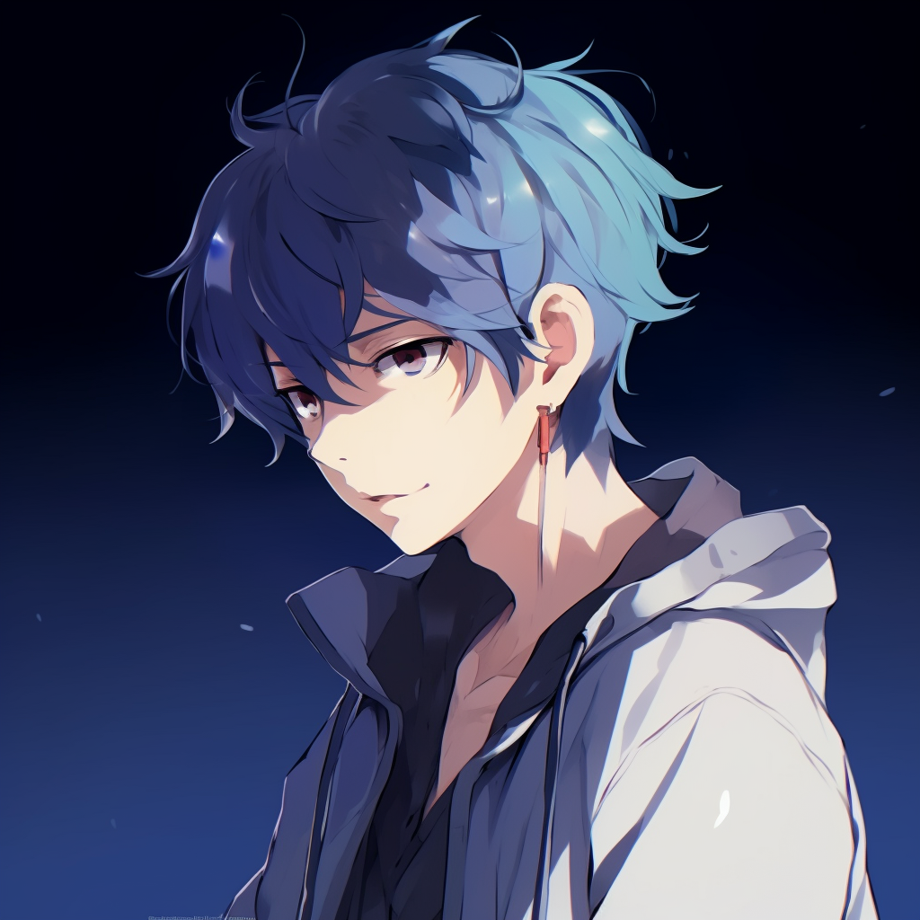 Blue-haired anime boy showing a mischievous grin, vibrant colors and dynamic expression. anime boy pfp concepts anime pfp