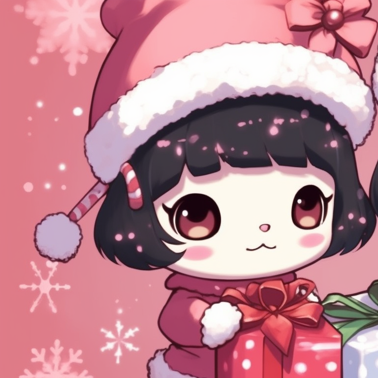 Characters exchanging gifts, with the warm glow of Christmas tree lights in the background. cute and adorable my melody christmas pfp pfp for discord.