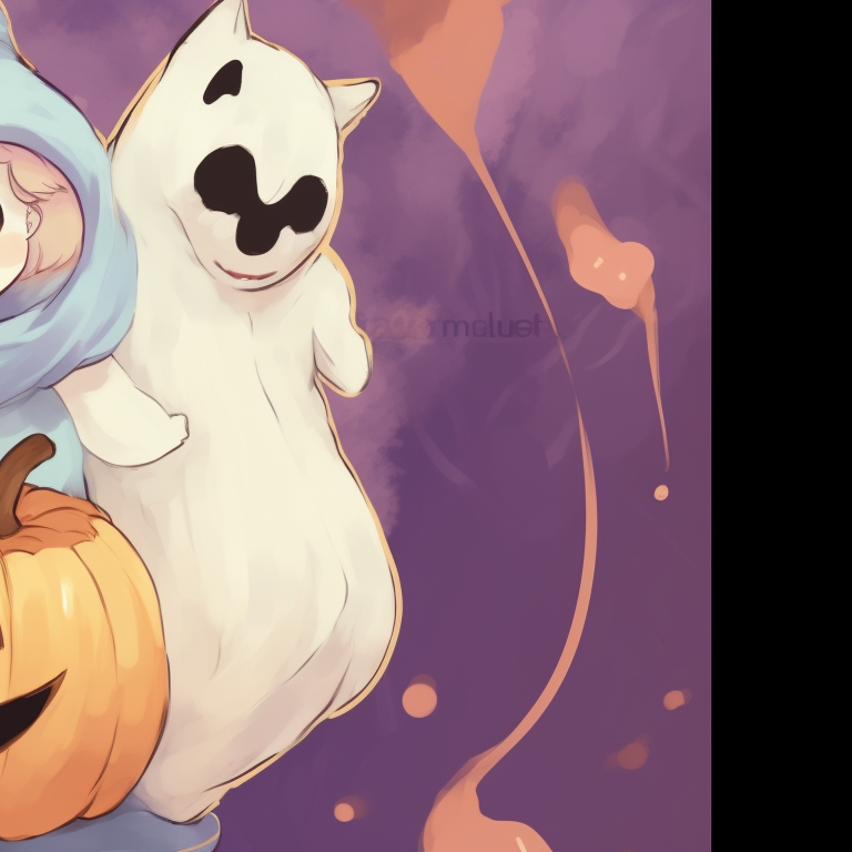 Two characters in playful ghost outfits, rendered in soft watercolor style with light cool tones. kawaii halloween anime matching pfp theme pfp for discord.
