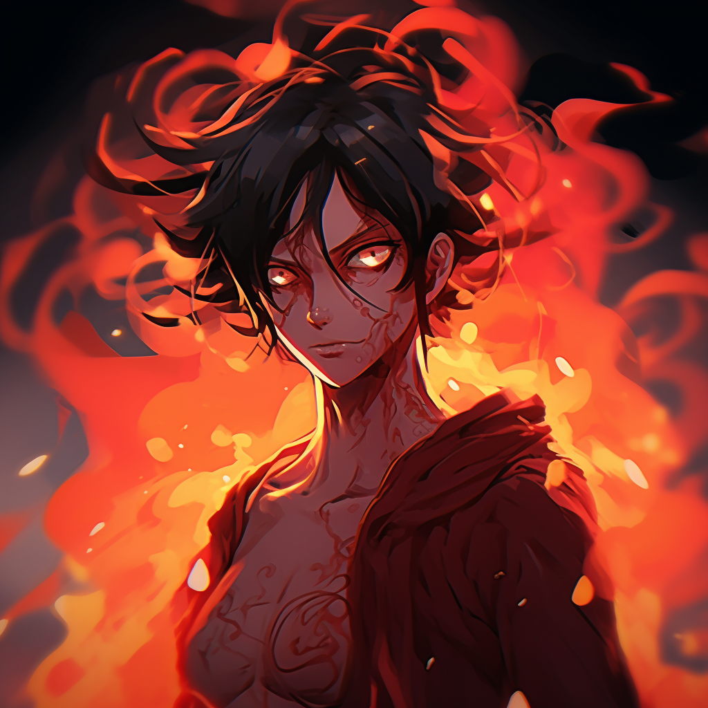 An anime character poised in a combat stance, surrounded by a fiery aura, emphasizing its dynamic pose and robust lines. general fire pfp