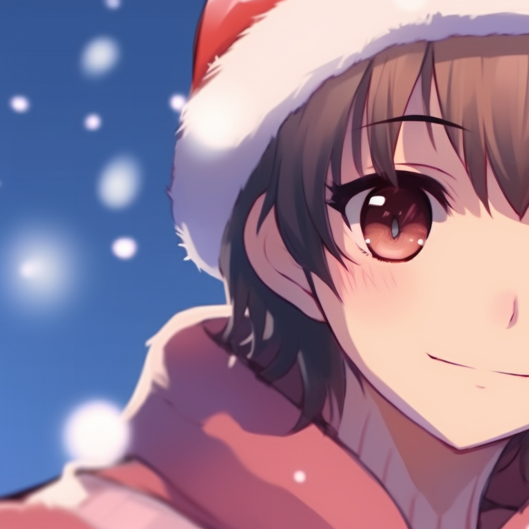 Two characters bundled in warm winter clothing, rosy cheeks and glittering snow around them. unique matching christmas pfp background designs pfp for discord.
