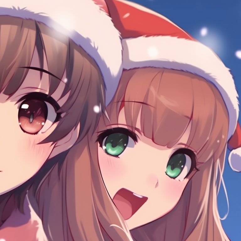 Two characters bundled in warm winter clothing, rosy cheeks and glittering snow around them. unique matching christmas pfp background designs pfp for discord.