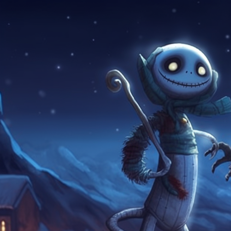 Two characters, ice-cold eyes, draped in Christmas scarves, chilling atmospheric tones. matching scary christmas pfp classic monster scenes pfp for discord.