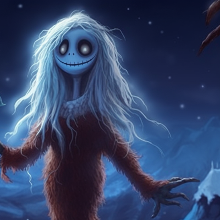 Two characters, ice-cold eyes, draped in Christmas scarves, chilling atmospheric tones. matching scary christmas pfp classic monster scenes pfp for discord.