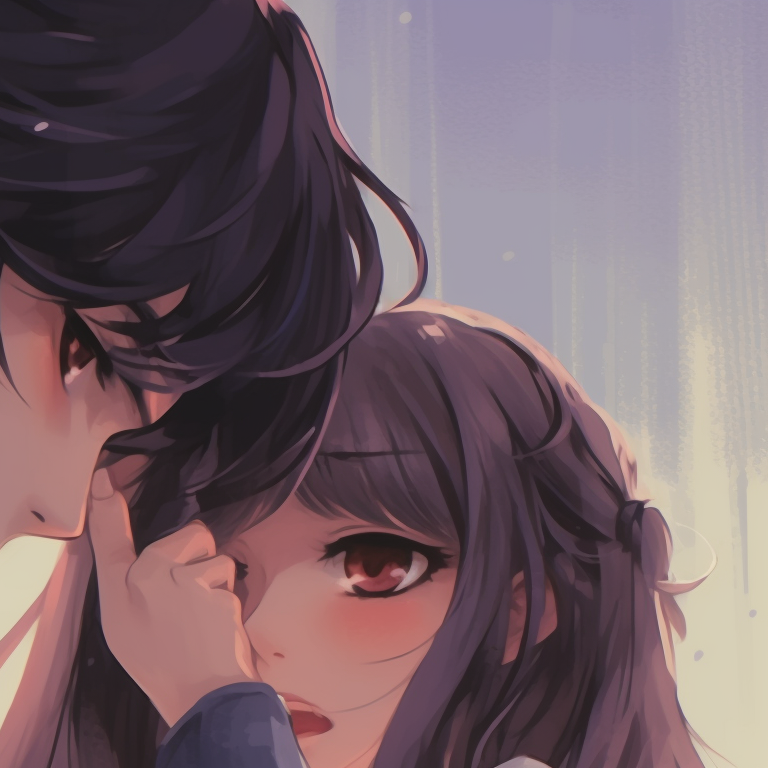Two characters locked in a gentle embrace, delicate line art and soft colors. best anime matching pfp couple pfp for discord.