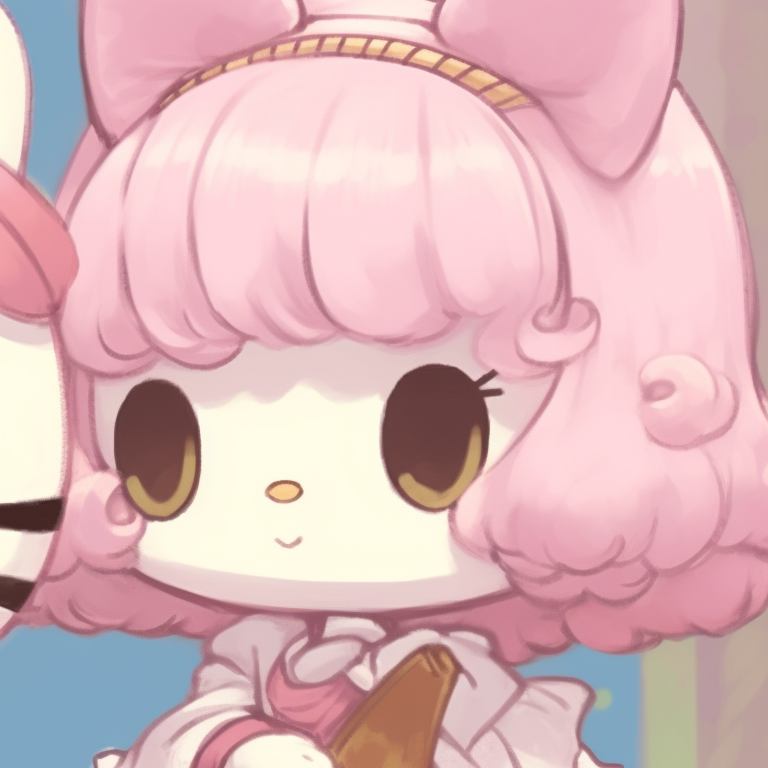 Two characters in Hello Kitty themed outfits, pastel color scheme with candy motifs. hello kitty aesthetic matching pfp pfp for discord.
