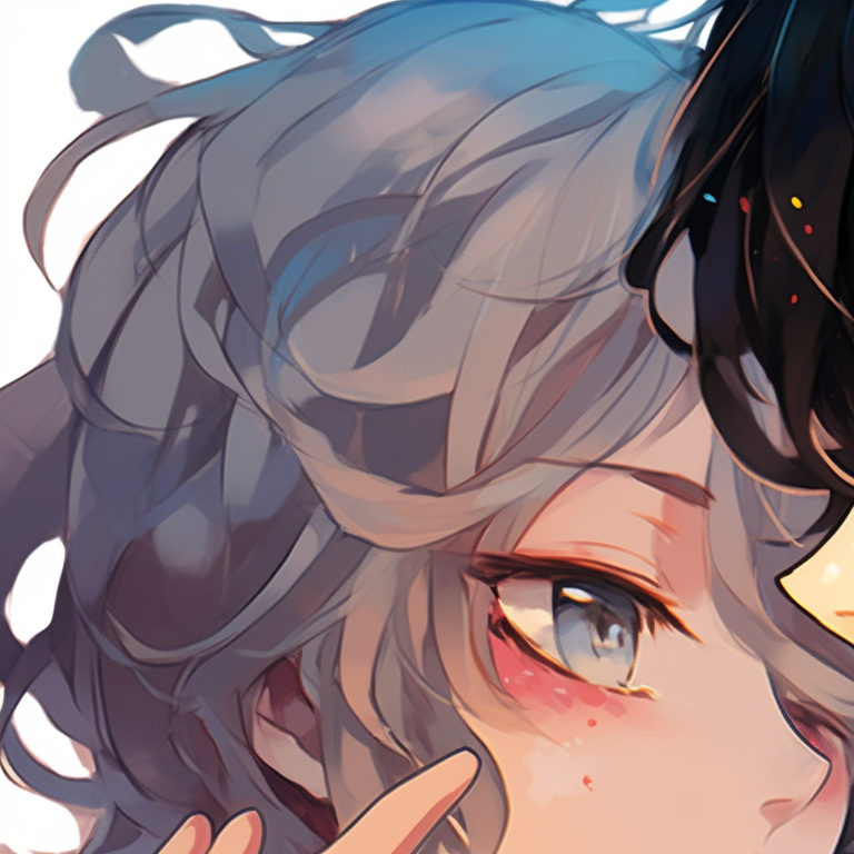 Two anime girls, vibrant colors and detailed embellishments, heads touching. vibrant anime girl matching pfp pfp for discord.